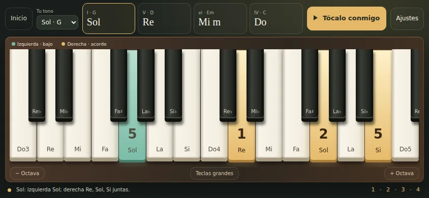 Pantalla real del teclado: notas verdes para la izquierda y doradas para la derecha